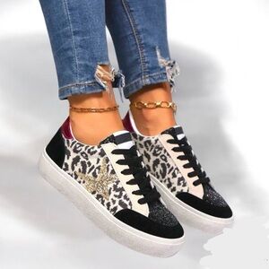 NWOT Leopard Print Glittering Star Inspired Sneakers Size 38